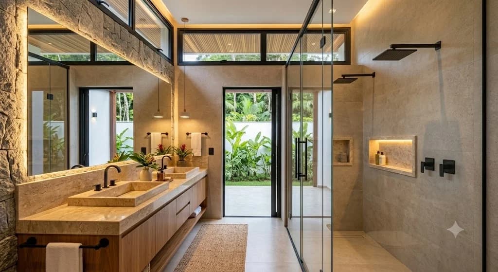 Banheiro master em pedra natural com chuveiro externo privativo — Residencial Chapada