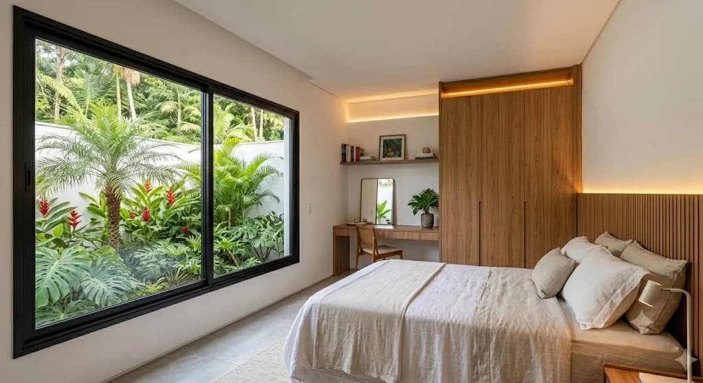Terceiro dormitório com closet integrado e acabamentos em madeira — Residencial Chapada