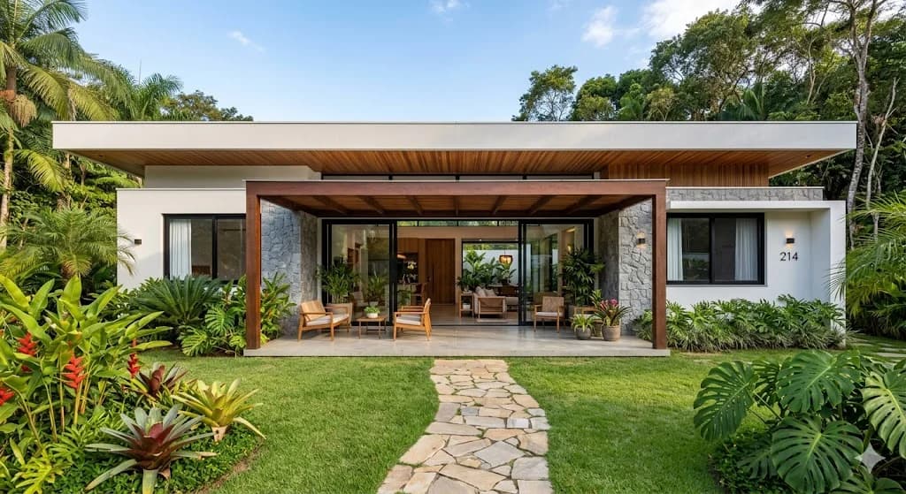 Fachada principal do Residencial Chapada — casa térrea de alto padrão com jardim tropical