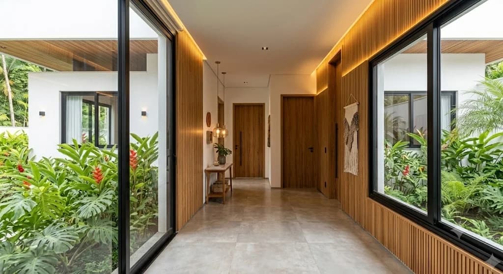 Hall de entrada com paredes ripadas, jardim interno e iluminação embutida — Residencial Chapada