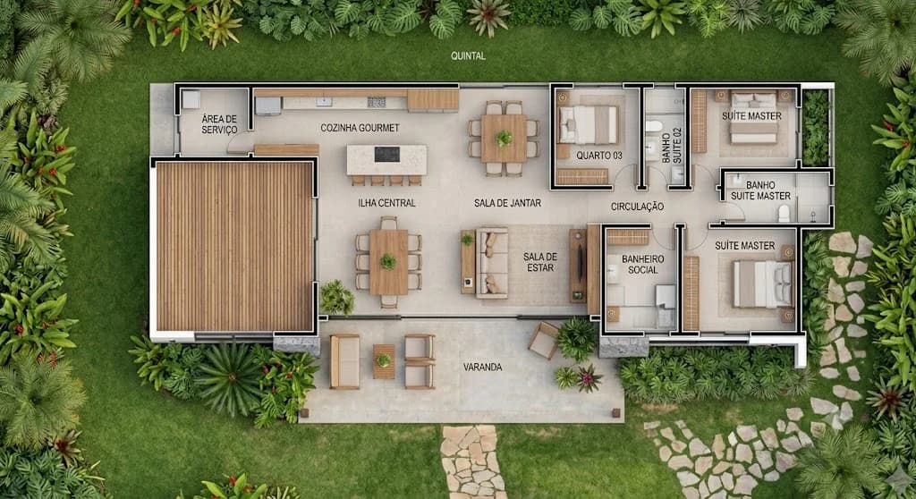 Planta baixa do Residencial Chapada — distribuição dos 10 ambientes em planta térrea aberta