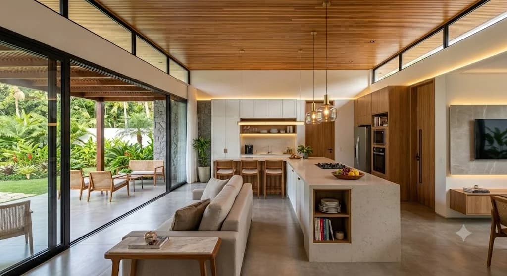 Sala integrada à cozinha gourmet com ilha em quartzito — Residencial Chapada