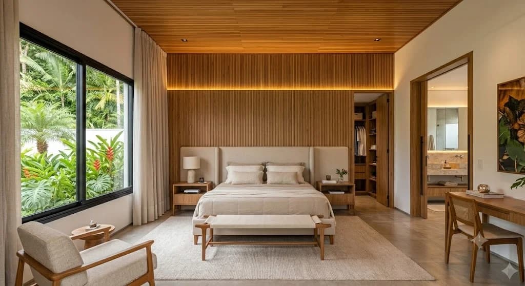 Suíte master com headboard em ripas de madeira e caixilhos pretos de piso a teto — Residencial Chapada