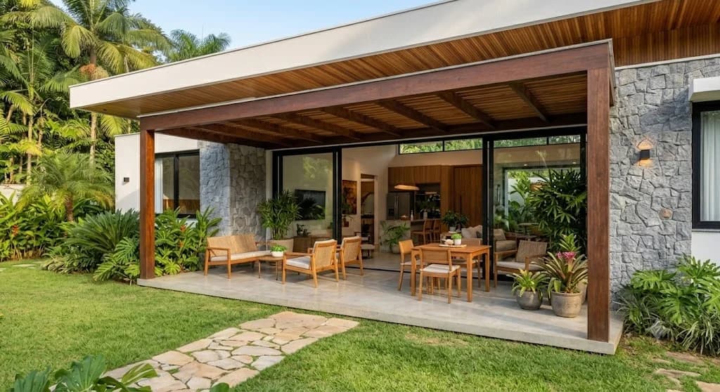 Varanda coberta com teto de ripas de cumaru e mobiliário de madeira — Residencial Chapada